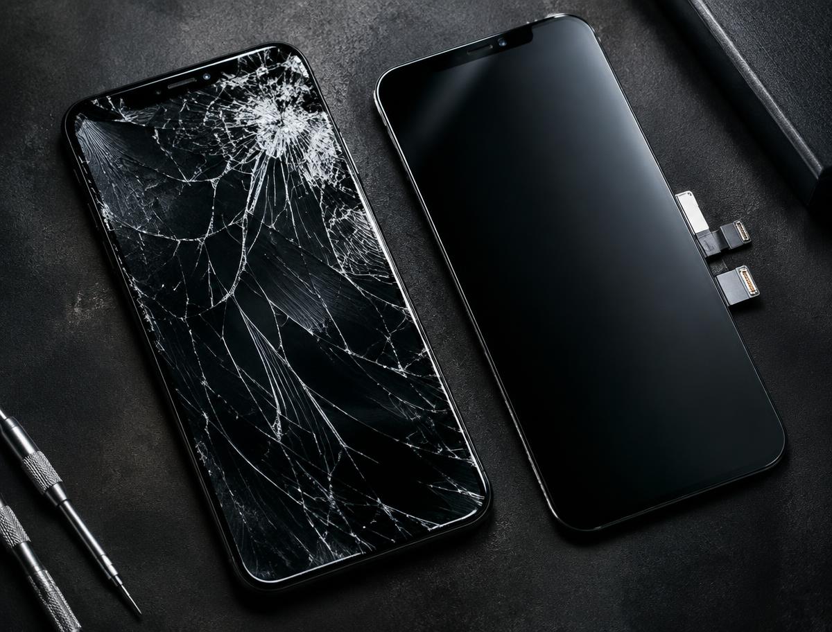 Schermo iPhone rotto accanto al display nuovo